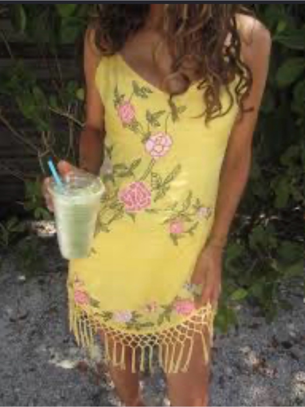 4 for $30- Urban Outfitters Carmen Embroidered Fringe Mini Dress Yellow Floral